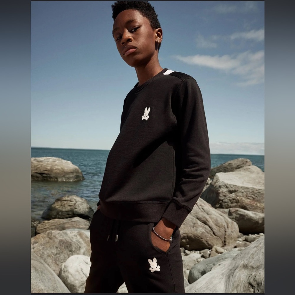 Psycho Bunny Black Wilkes Crewneck 100% Cotton Sweater GUC Size Kids Large 14/16